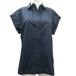 J.Crew Sz 6 Women Navy Blue Cap Sleeve Collared Tunic Blouse Top Shirt Button Up